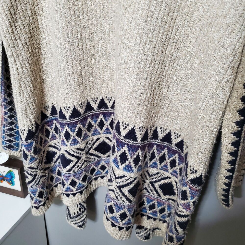 Lucky Brand Cardigan Sweater Size L/XL Oatmeal Tribal Aztec Western Open Front - Picture 9 of 12